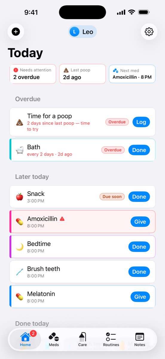 KinSense Today screen showing overdue and upcoming care with one-tap Log, Give, and Done buttons