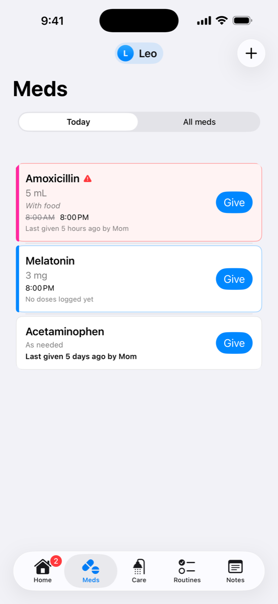 KinSense Meds screen with a critical medication, dose details, and who gave the last dose