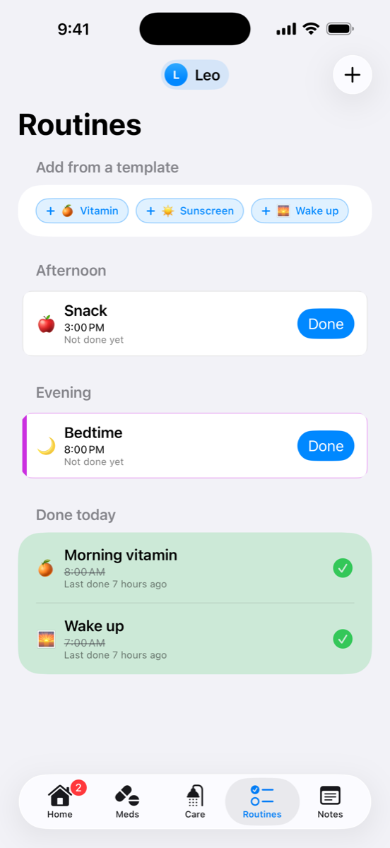 KinSense Routines screen grouped by morning, afternoon, and evening with completed items checked off